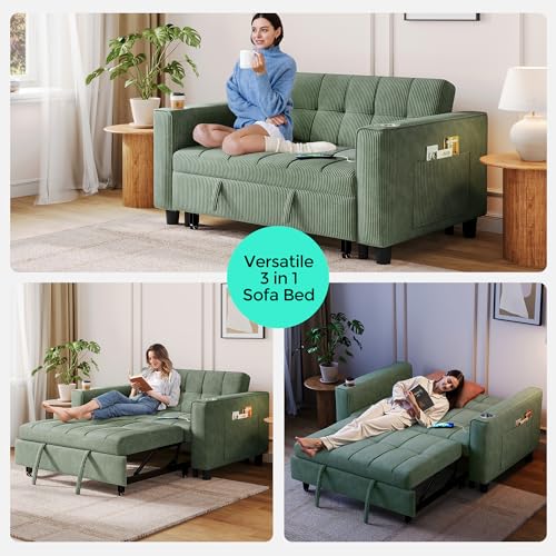 LINSY 3-in-1 Convertible Sofa Bed, 54" Pull Out Sleeper Sofa with Charging Station & Cup Holder, Small Folding Loveseat with Side Pocket for Small Space, Corduroy Couch, Green