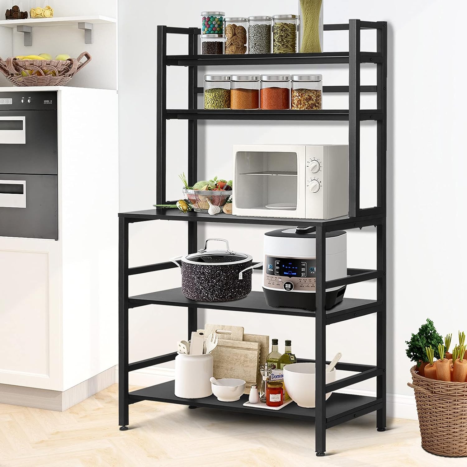 Hrooarem 5-Tier Standing Bakers Rack, Kitchen Stand with Shelves, Microwave Oven Stand with Hutch, Industrial Kitchen Cart Utility Storage Shelf Organizer for Small Kitchen, Wood (Rustic Brown)