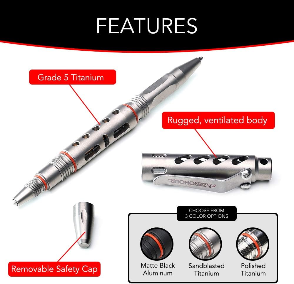 ZEROHOUR APEX Titanium Tactical Pen with Tungsten Tip | Glass Breaker and Self-Defense | EDC Tactical Pen with Fisher Ink (Polish) Pack of 2