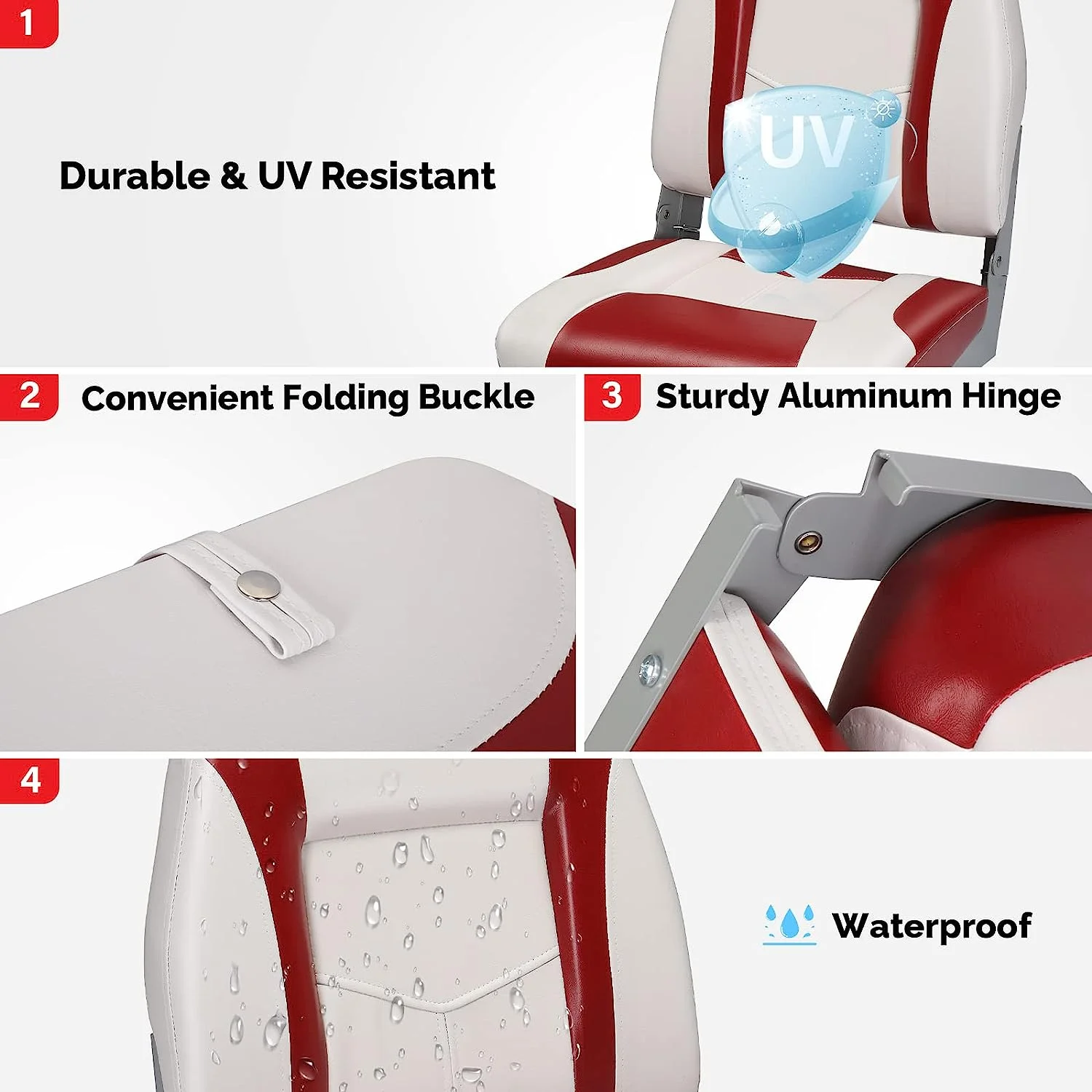 PEXMOR Low/High Back Boat Seats, Folding Boat Seats 2 Pack Thick Soft Cushion Waterproof, Fishing Captain Boat Seats w/Aluminum Hinges & Stainless Steel Screws, 2 Packs