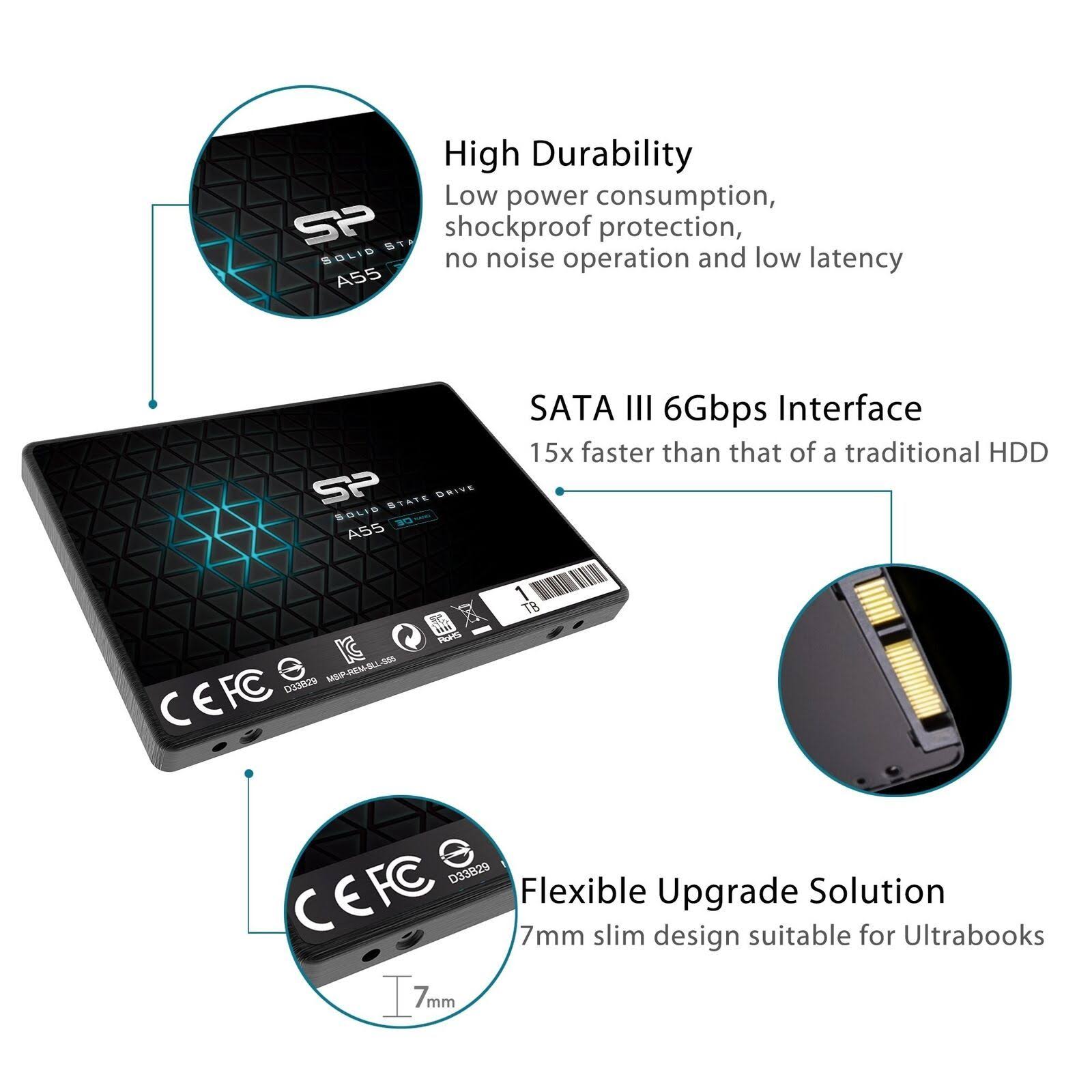 Silicon Power 1TB SSD 3D NAND A55 SLC Cache Performance Boost SATA III 2.5x22 7mm 0.28x22 Internal Solid State Drive sp001tbss3a