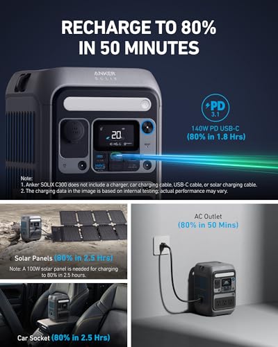 Anker SOLIX C300 Portable Power Station, Outdoor 288Wh LiFePO4 Battery, 300W (600W Surge) Solar Generator, 140W Two-Way Fast Charging, for Camping, Traveling, and Emergencies (with 60W Solar Panel)