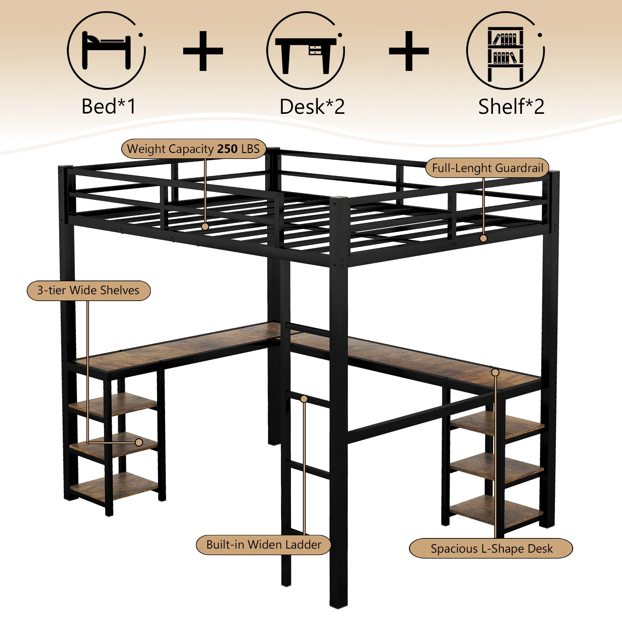 Bellemave Full Size Loft Bed with Desk and Shelves, Metal Heavy-Duty Steel Loft Bed Frame Built-in Ladder for Boy Girls Teens Kids Adults(Black）