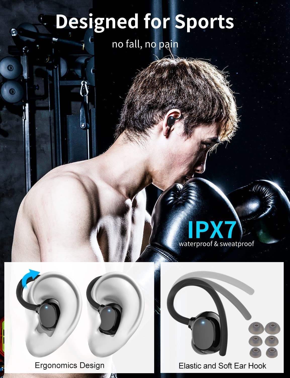 Bluetooth Earbuds with Ear Hook, Bluetooth 5.1 Headphones, Noise Cancelling Sport Headphones with LED Display, 100H Playtime IPX7 Waterproof Ear Buds Earbuds Deep Earphone with Mic for Gym/Running