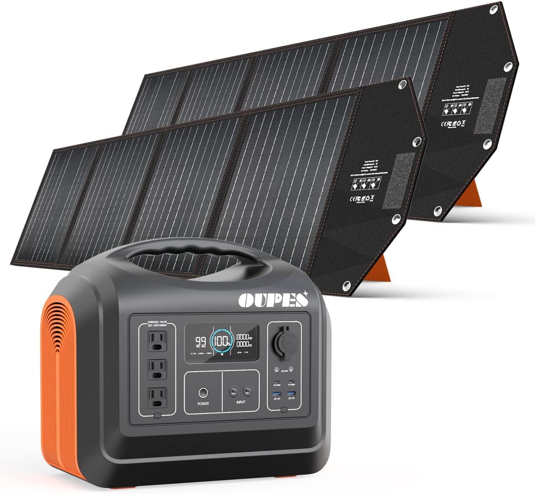 OUPES Solar Generator 1800W/1488Wh w/ 2 X 100W Foldable Solar Panel, Portable Power Station (Peak 4000W) 10 AC Outputs, LiFePO4 Battery w/ 3x 110V AC Outlets for Outdoors Adventure Travel Camping RV Emergency