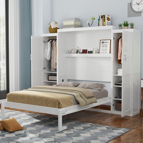 KLMM Wooden Murphy Bed Wall Bed with 2 Wardrobe and Storage Shelf,Foldable Platform Bedframe for Guest-Room Bedroom Study Office Use (White#E, Full)