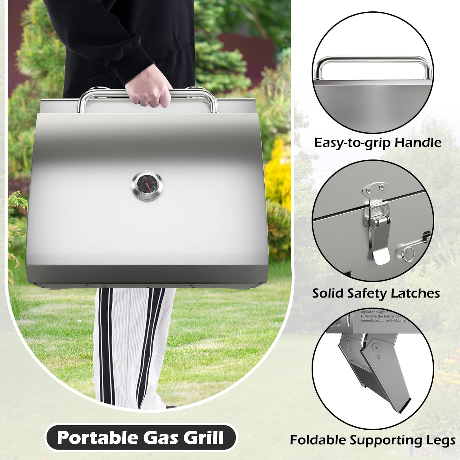 Giantex Portable Gas Grill - Tabletop Propane Grill with 2 Burners, 20,000 BTU total, Built-in Thermometer, Foldable Legs, Regulator Hose, Stainless Steel BBQ Grill for Outdoor Camping Barbecue