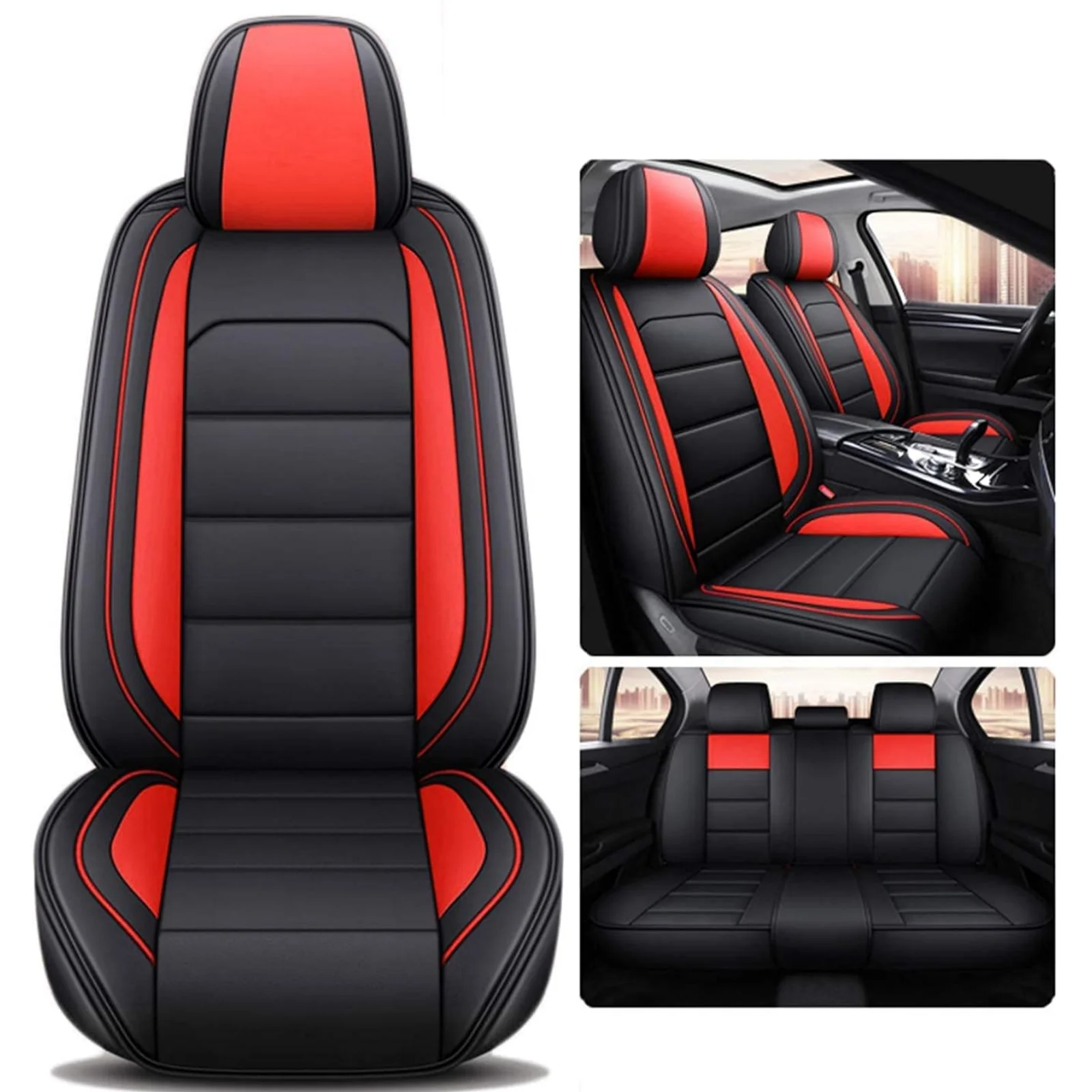 Car Seat Covers for Toyota Corolla, Premium 5 Seats PU Leather Auto Seat Cushions Protector, Front Rear Full Set for RAV4/ Echo/ Matrix/ Prius Black&Red - Curated Treasures Market