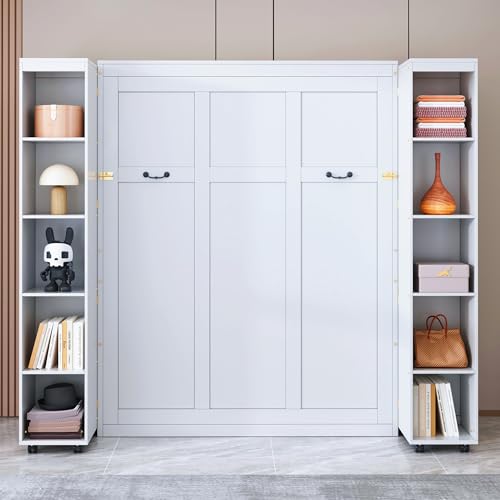 KLMM Wooden Murphy Bed Wall Bed with 2 Wardrobe and Storage Shelf,Foldable Platform Bedframe for Guest-Room Bedroom Study Office Use (White#E, Full)