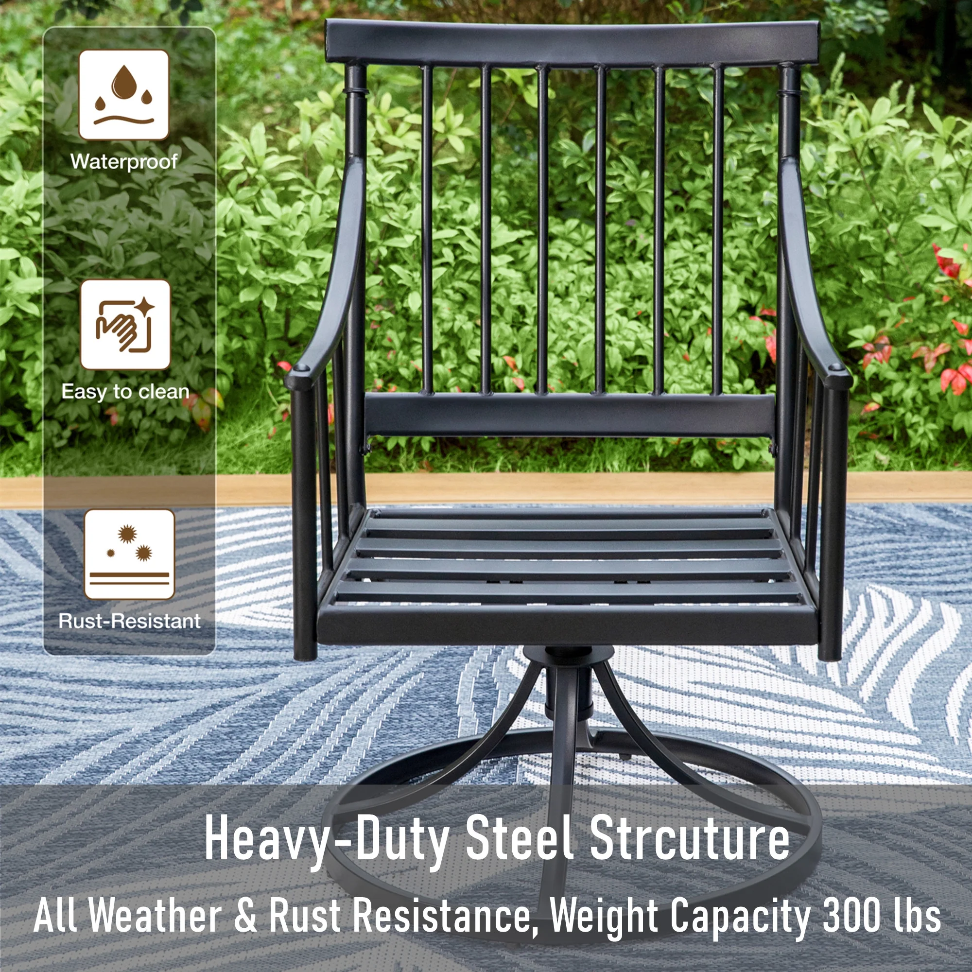 MF Studio 7-Piece Outdoor Dining Set with 6 Swivel Cushioned Chairs & Rectangular Table for 6-Person, All-Weather Metal Steel Furniture,  Black & Beige