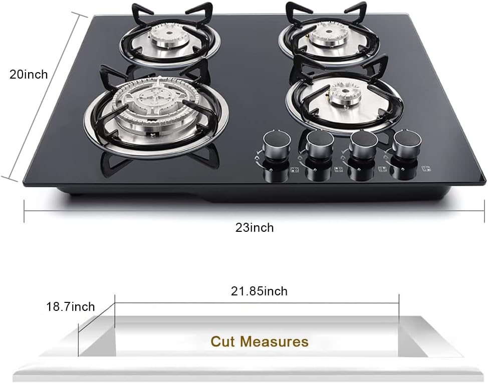 Gas Cooktop - 24 inch 4 Burners Built-in Stove - LPG/NG Dual Fuel Drop-in Tempered Glass Surface Gas Hob,Easy Clean Gas Stoves for Kitchen