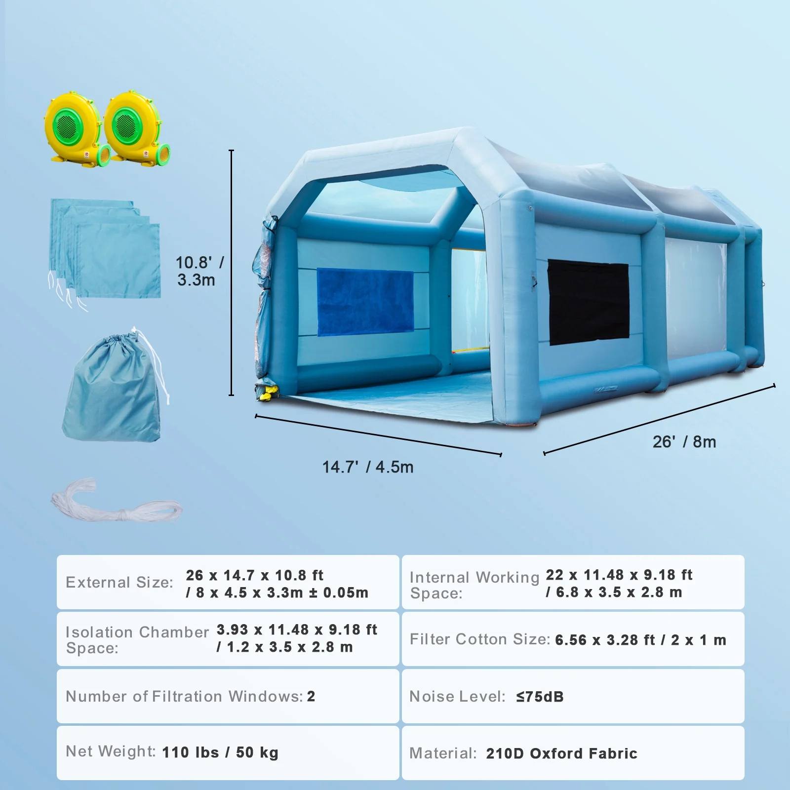 SKYSHALO Inflatable Paint Booth 26x15x11ft Inflatable Spray Booth Car Paint Tent with 750W+950W Filter System Blower