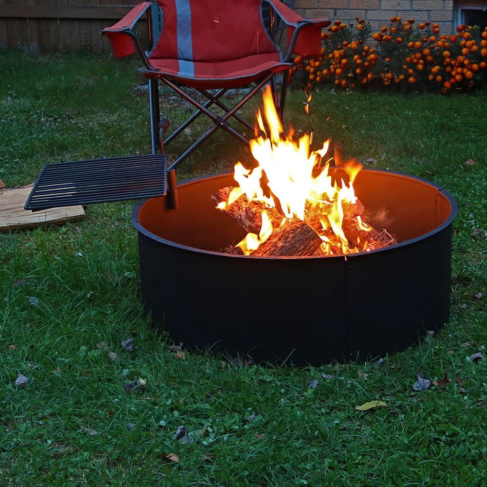 Sunnydaze Wood Burning Fire Pit - Campfire Ring with Cooking Grate and Fire Poker - 36 Inch Outdoor Camping Firepit - Heavy Duty 2mm Thick Steel - BBQ Grill