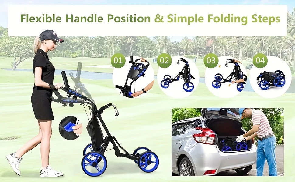 PGAST 4-Wheeled Golf Push Cart-Compact Folding Design, Adjustable Handle, Built-in Scoreboard-Accessories Bag Included, Ideal for Golf Enthusiasts - Curated Treasures Market