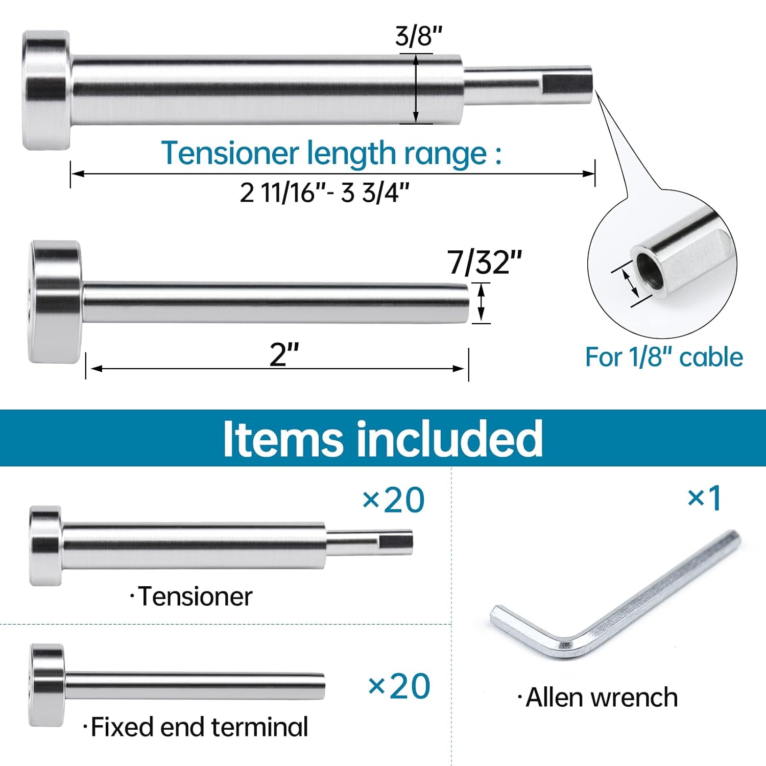 Muzata 20Pair Invisible Cable Railing kit 1/8" Swage Tensioner and Terminal Hidden T316 Stainless Steel for 2"x2" and 4"x4" Wood Metal Post Deck Stairs WoodHidden System CR26, CV1 CV2