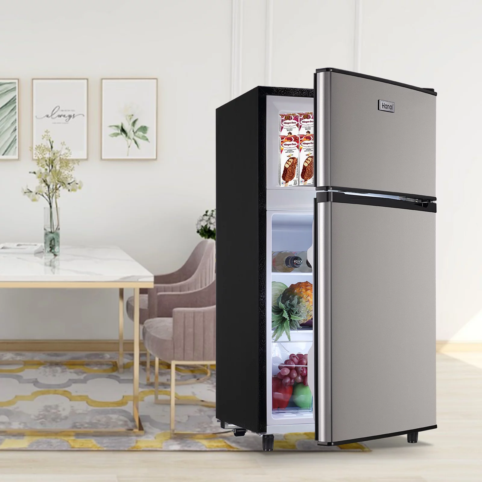 Compact Refrigerator Mini Fridge with Freezer, 3.2 Cubic Feet Retro Dual Door Small Refrigerator by WANAI with 7 Temp Modes, LED Lights, Removable Shelves, Ideal for Bedroom, Dorm, Office, Apartment