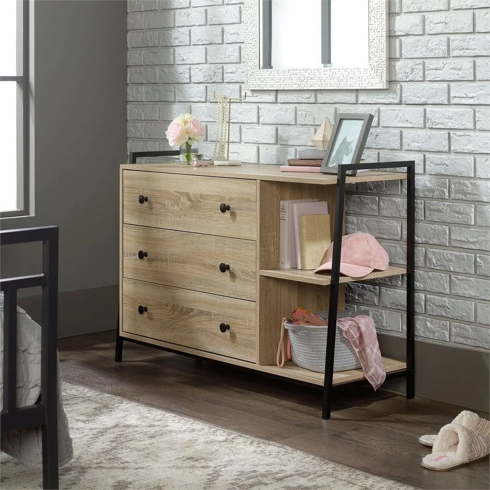 Sauder North Avenue 3-Drawer Engineered Wood and Metal Dresser in Charter Oak