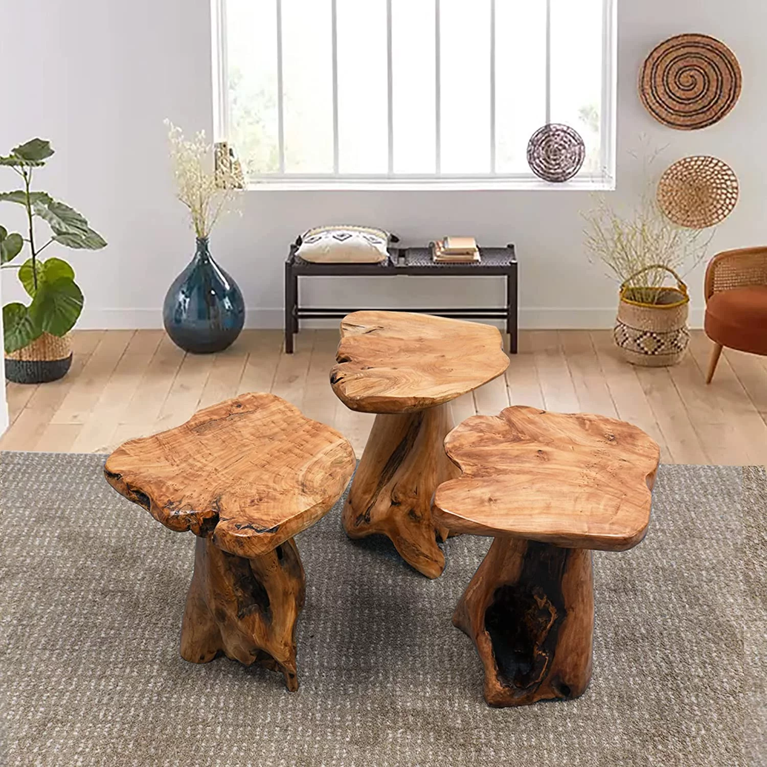 Natural Irregular Shape Tree Stump End Table Plant Stand, 14"x13"x18"H Solid Cedar Wood Outdoor Rustic Sit Foot Stools Live Edge Coffee Side Table for Living Room Bedroom Bath Outdoor Garden
