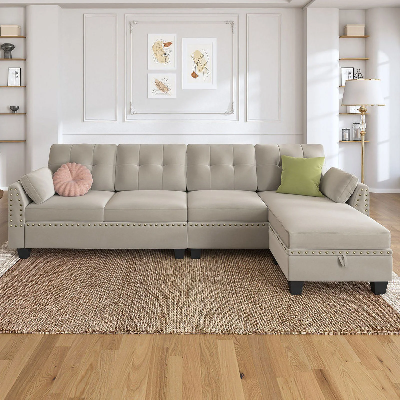 HONBAY Reversible Sectional Sofa L-Shaped Corner Sofa Couch for Living Room and Small Space Apartment, Pearl Grey