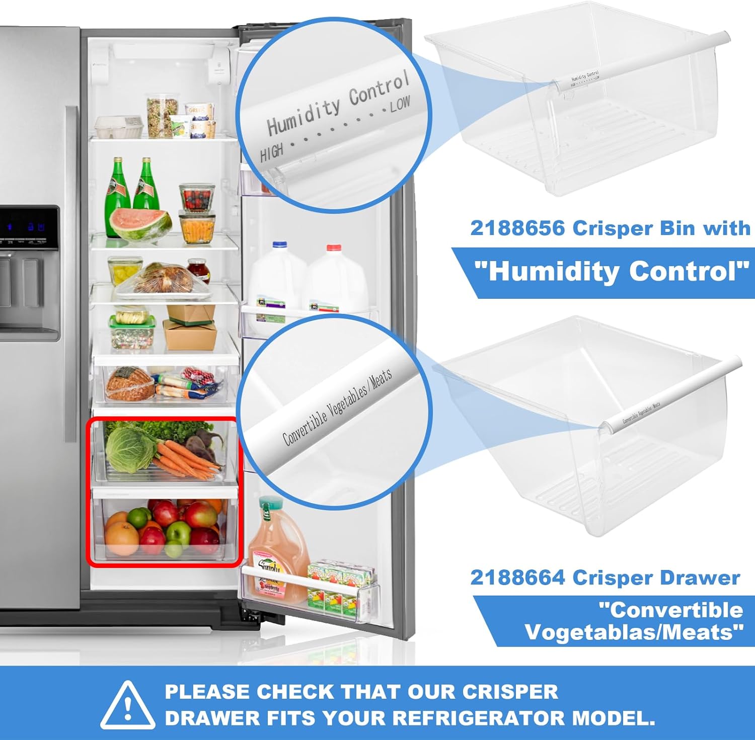 [2 PACK]UPGRADED 2188656 (Upper) Refrigerator Crisper Bin & 2188664 (Lower) Fridge Crisper Drawer Replacement Compatible with Kenmore Whirlpool Refrigerator Drawers Parts with Humidity Control