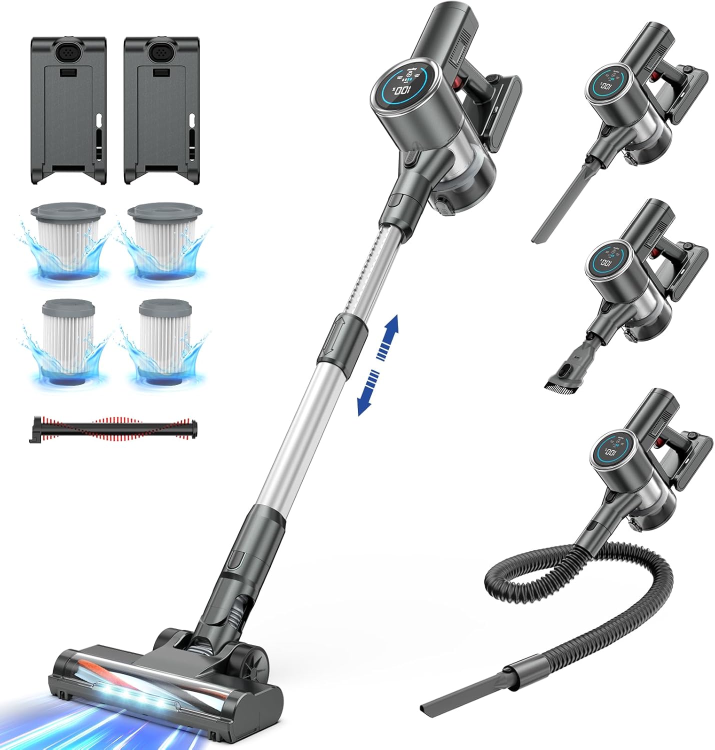 Cordless Vacuum Cleaner with 2 Batteries, 450W 33Kpa Stick Vacuum Up to 100min Runtime, Lightweight Cordless Vacuum with LED Display Brushless Motor for Pet Hair Carpet Hard Floor (Grey)
