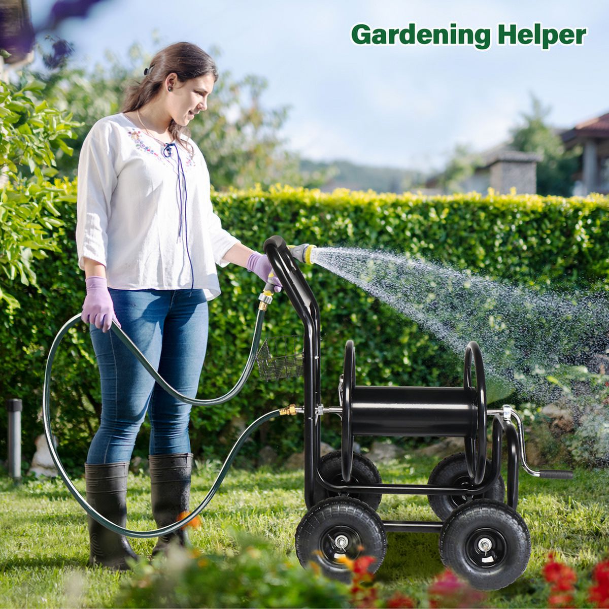 SYTHERS Hose Reel, Heavy Duty Garden Hose Reel Sturdy Water Hose Reel Cart with 4 Wheels for Garden Lawn Yard Outdoor