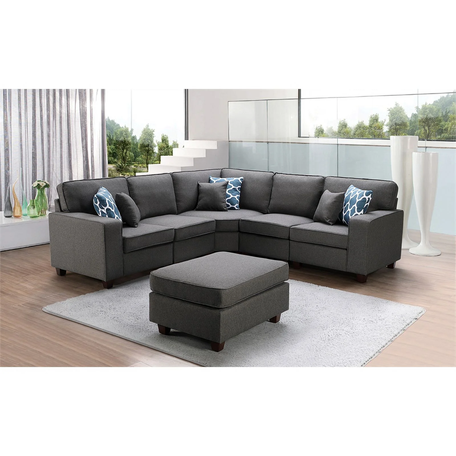 BOWERY HILL Casual Contemporary Linen 6Pc Modular Sectional Sofa with Ottoman and 6 Accent Pillows in Gray