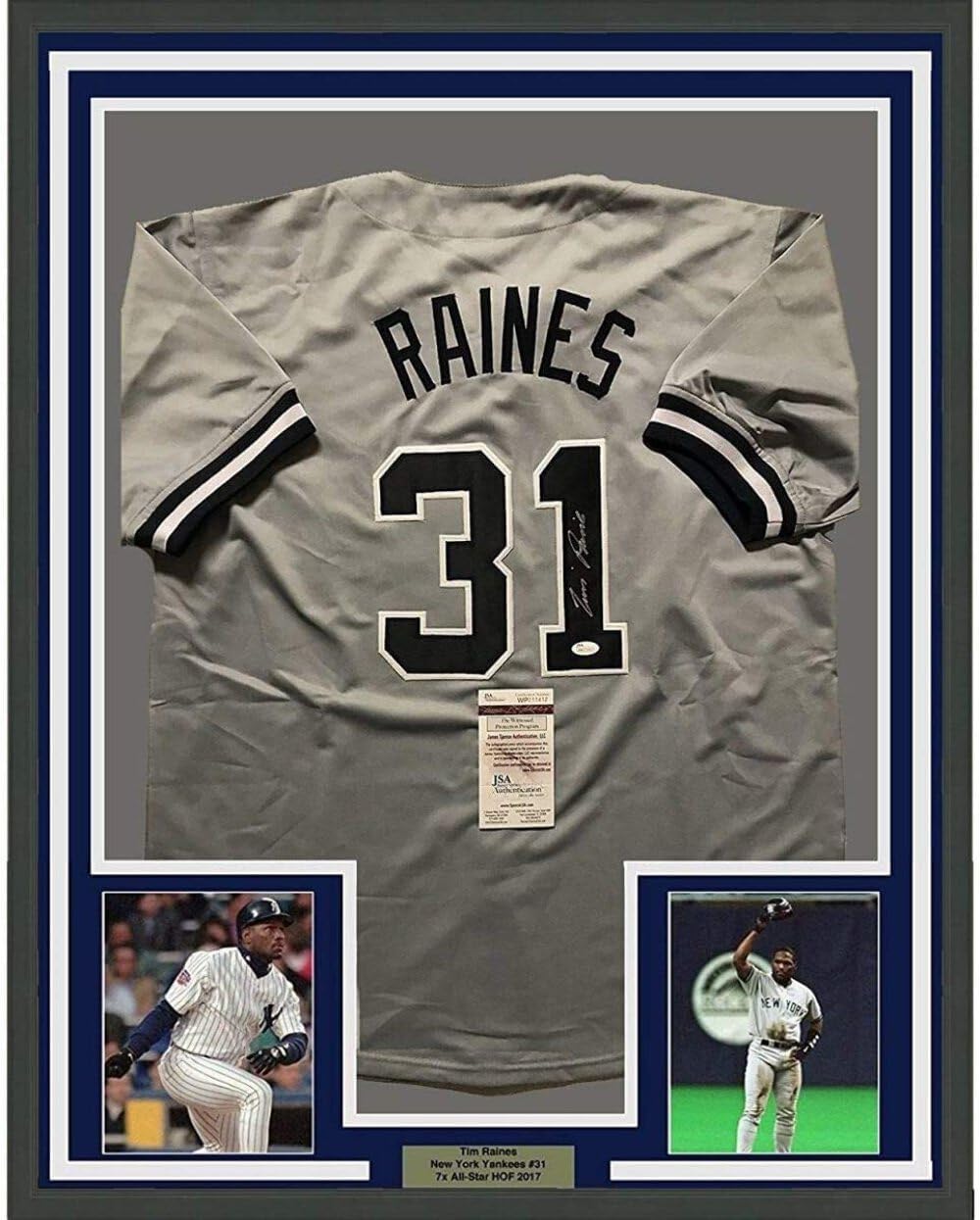 Framed Autographed/Signed Tim Raines 33x42 New York Yankees Grey Baseball Jersey JSA COA