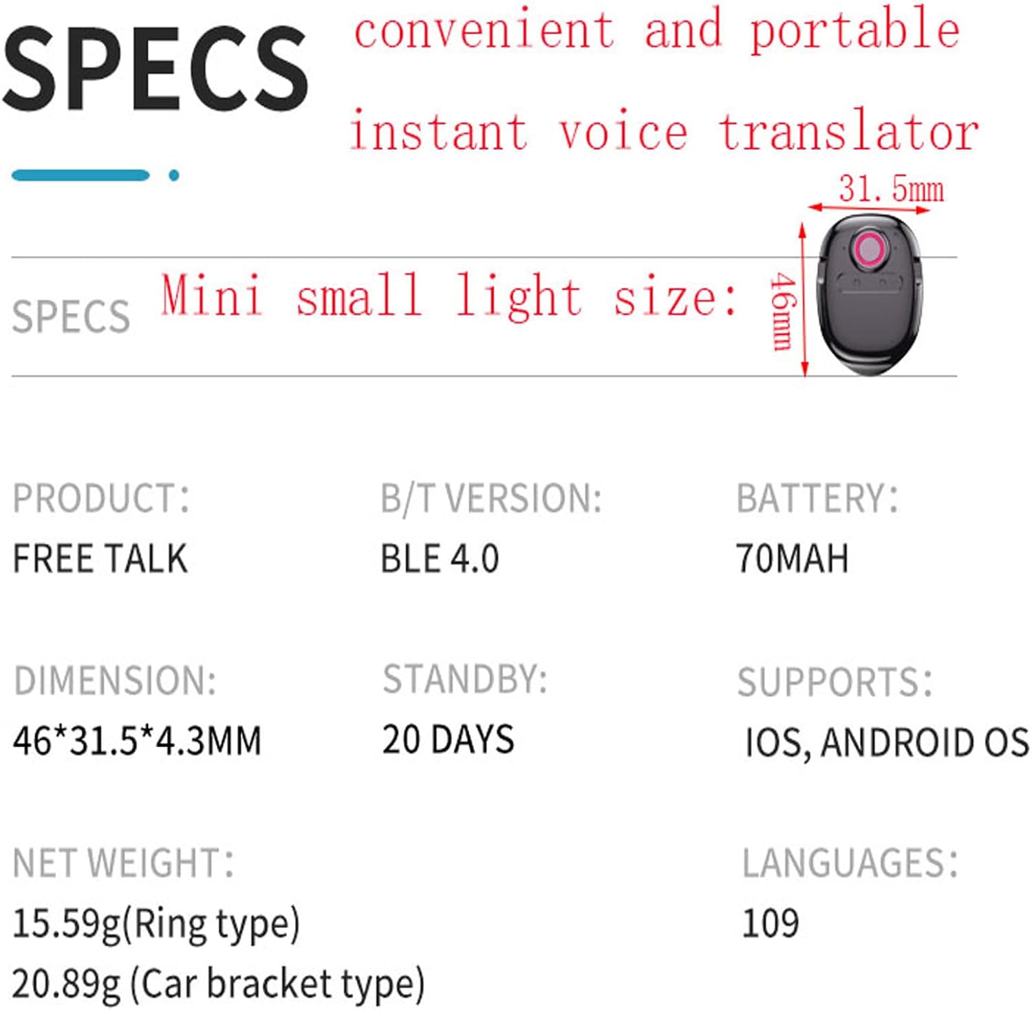 Translator Device, Voice Instant Portable Translator Interpreter Real Time Translation Tool Supports 120 Languages Voice Input Words on Any Apps Compatible Android and iOS Cellphone Smart Convenient