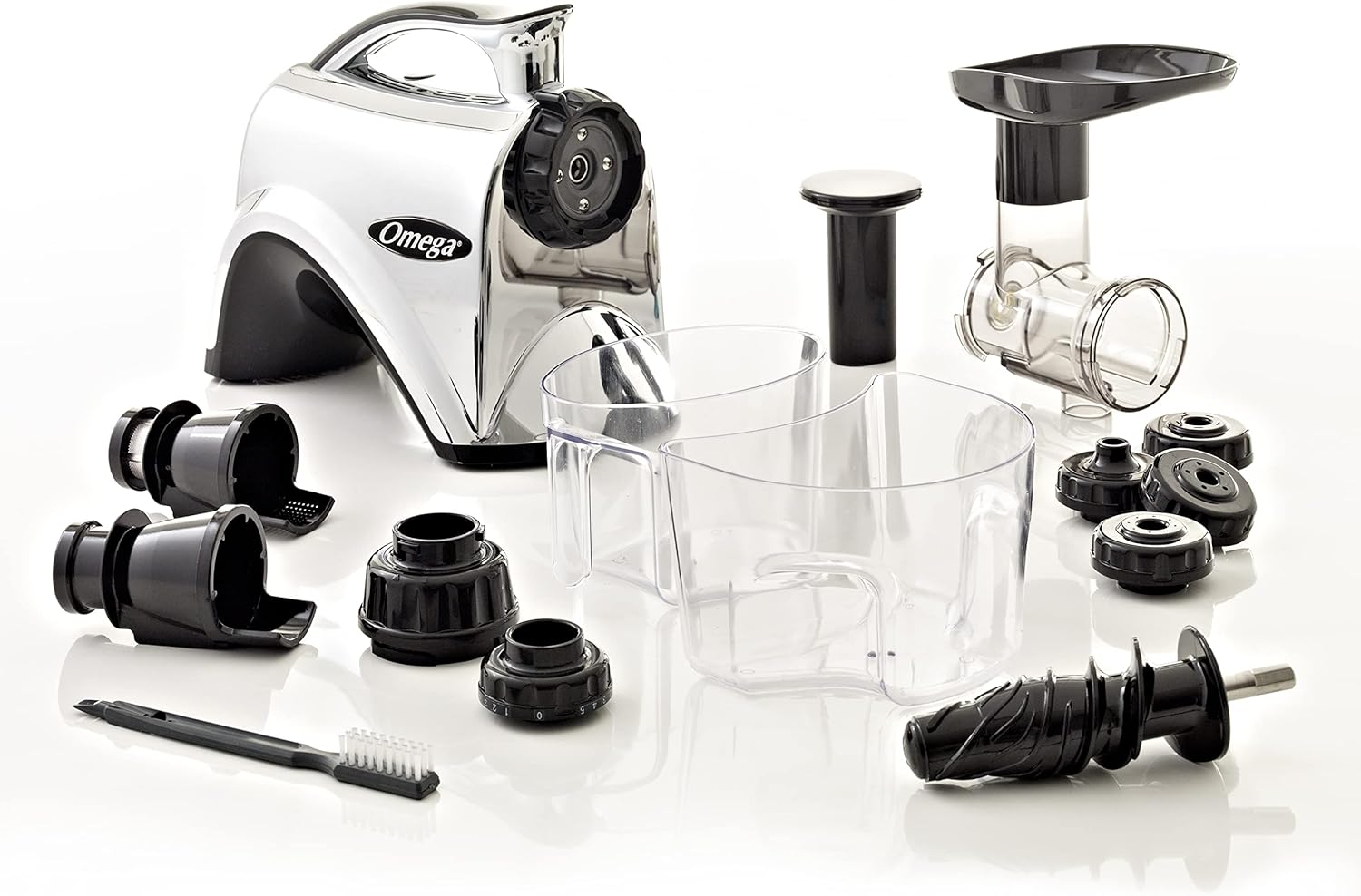 Omega NC900HDC Cold Press Juicer Machine, Vegetable and Fruit Juice Extractor and Nutrition System, Dual-Stage Slow Masticating Juicer, 150 W, Metallic