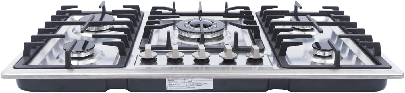 34 Inch 5 Burners Stainless Steel Built-In Gas Cooktop, Stove Top Gas Burners with Cast Iron Grates for Cooking(Silver)