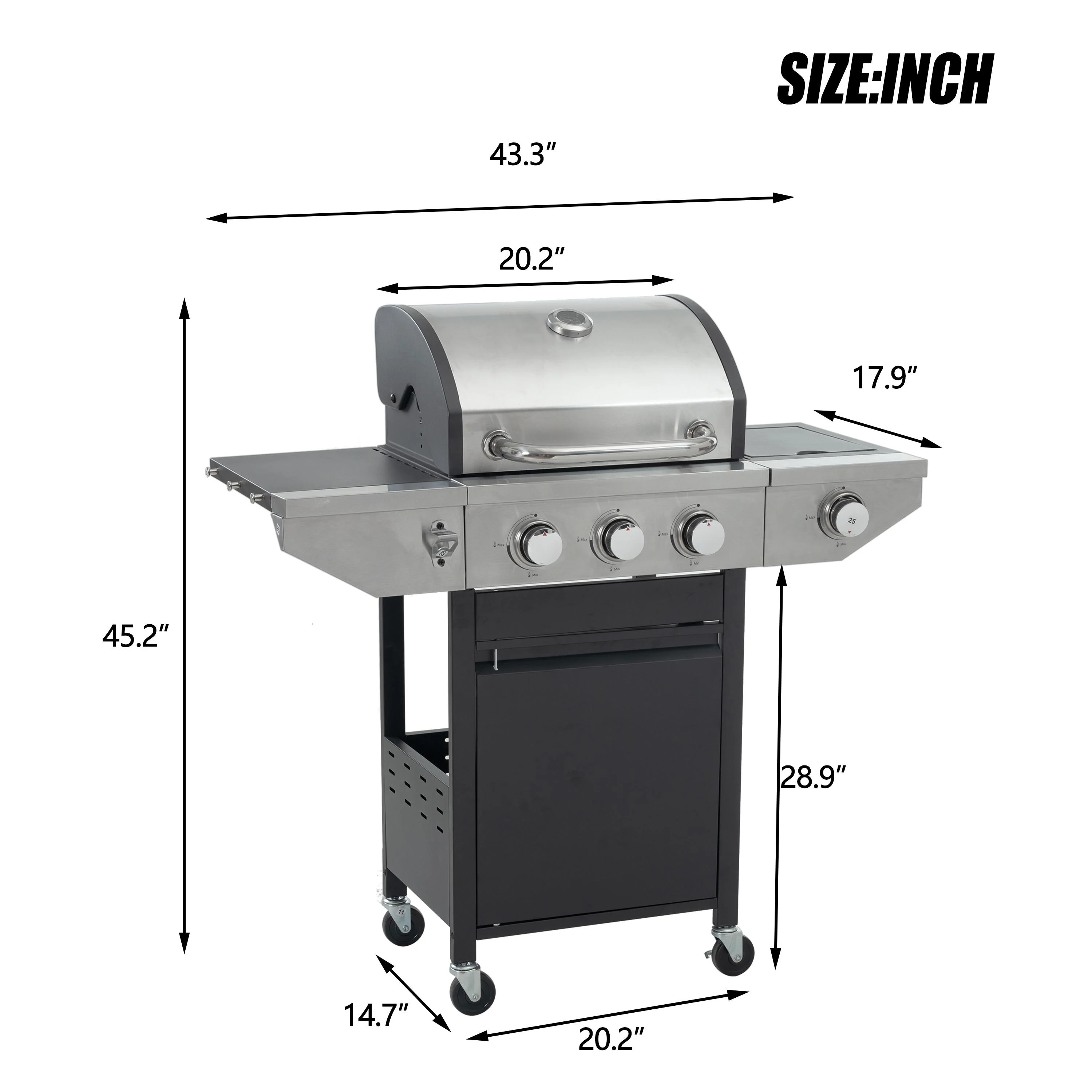 SEGMART 3 Burner BBQ Propane Gas Grill with Side Burner, Stainless Steel 37,150 BTU Patio Garden Barbecue Grill with Lid, Wheels, Shelves and Bottle Opener, Perfect for Camping, Outdoor Cooking