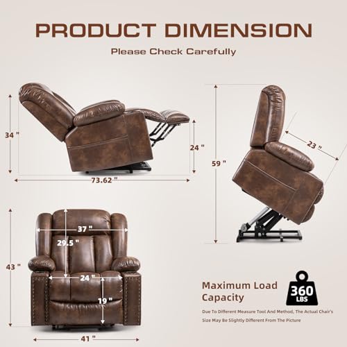 Large Power Lift Chairs Recliners for Elderly with Heated and Massage, Overstuffed Adjustable Lift Chairs, 3 Positions, Breathable Leather, USB-A and USB-C, Cup Holder, Side Pocket Dark Brown