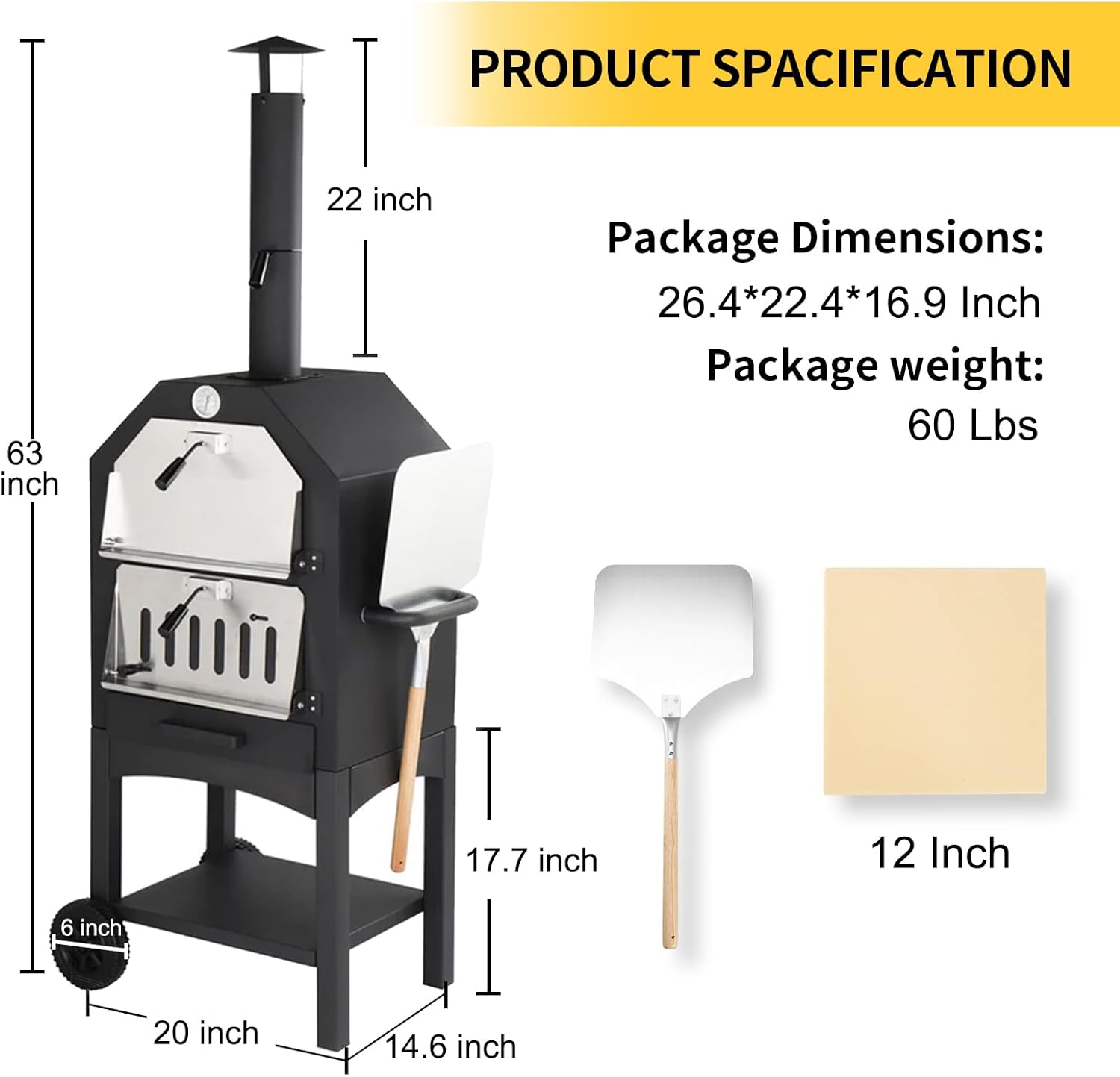 Pizza Oven Outdoor, Wood-Fired Pizza Oven 63" Height Patio Pizza Maker with Pizza Stone, Pizza Peel, Grill Rack and Waterproof Cover for Outside Backyard Camping