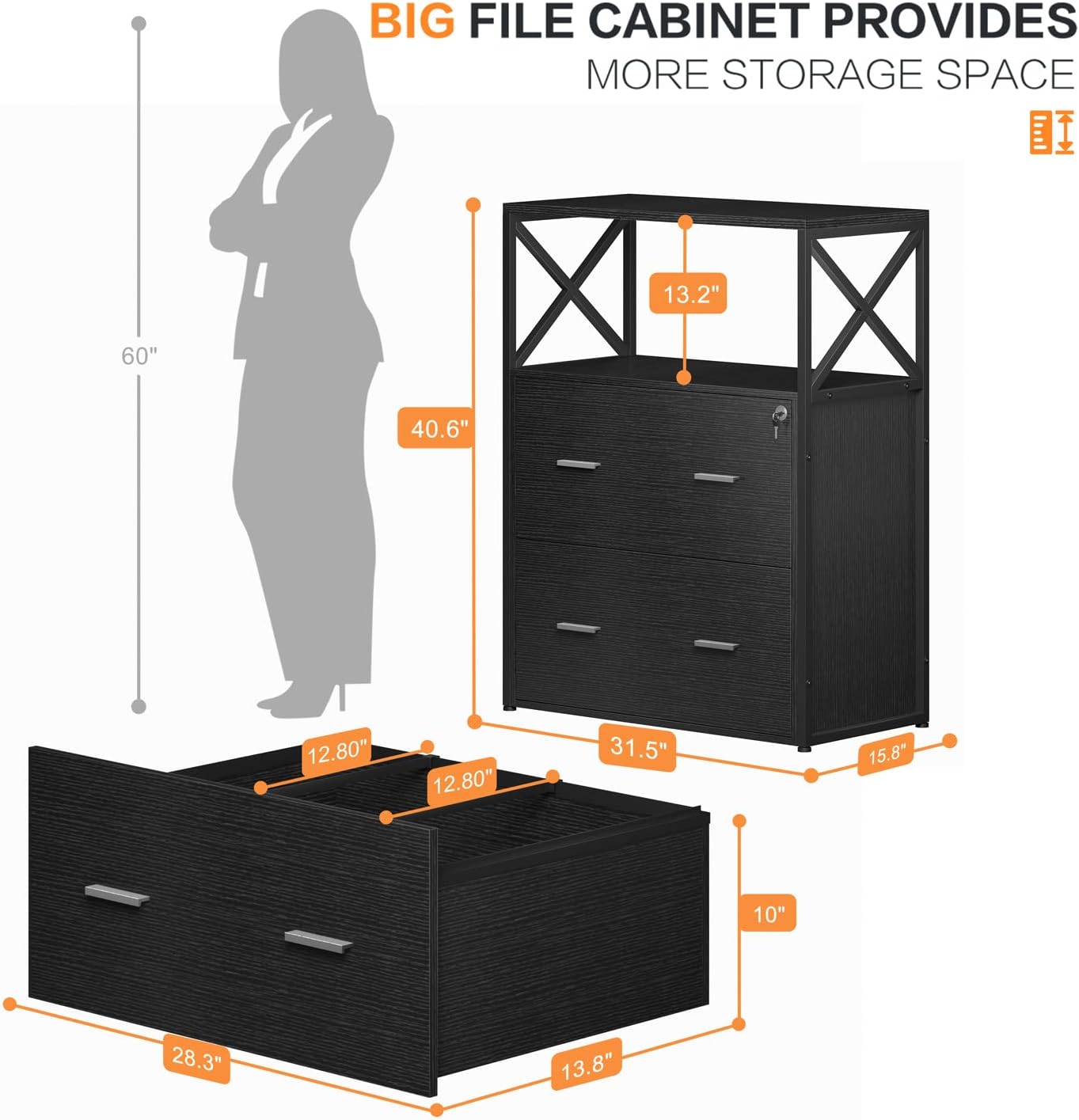 Raybee Filing Cabinet for Home Office Lateral File Cabinet with 2 Big Drawers, Printer Stand with Lockable Storage Cabinet for Letter Size, A4, Legal Size File Folders, 31.5” L X 15.8”W X 40.6”H