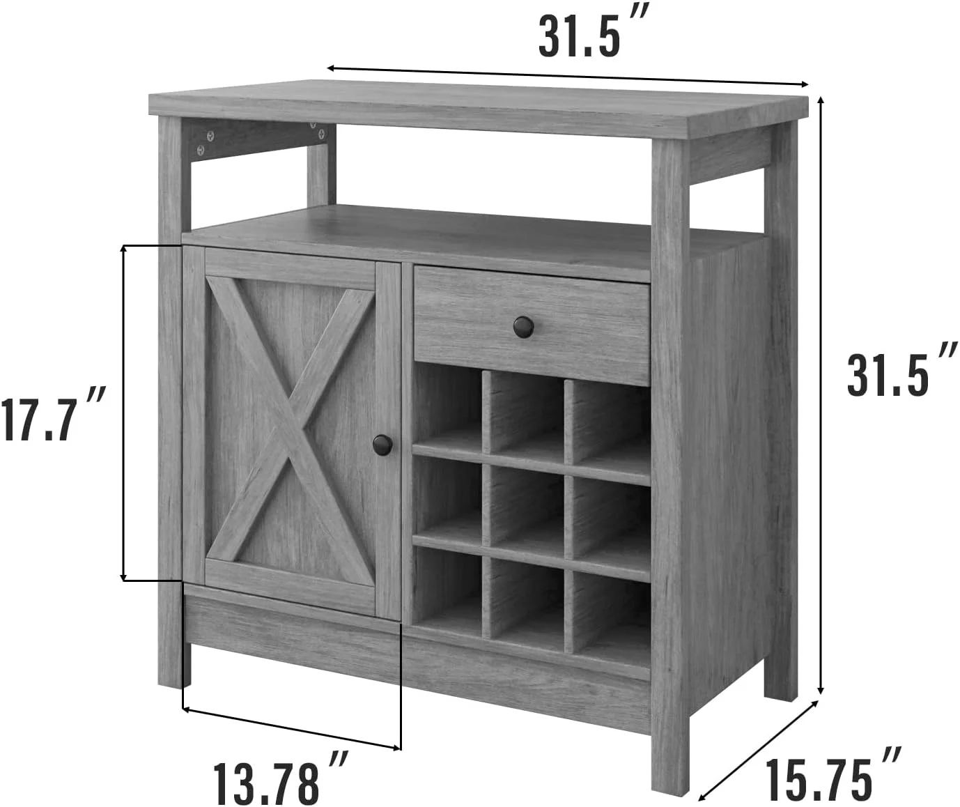 Farmhouse Coffee Bar Cabinet with Storage, Kitchen Buffet Storage Cabinet with Drawer, Wine Bar Cabinet with Barn Door, Gray Coffee Bar Table with Open Shelf for Dining Living Room