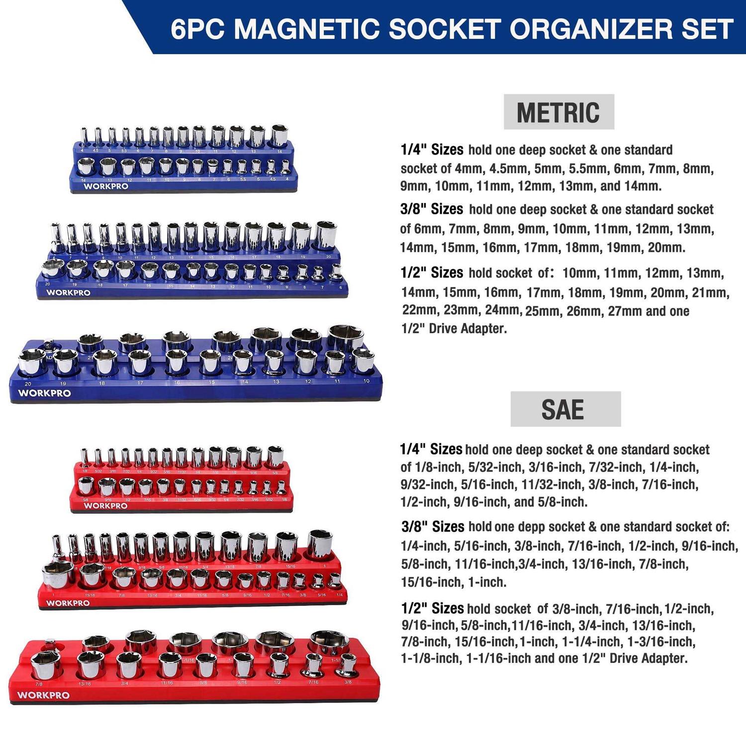 WORKPRO Magnetic Socket Organizer Set 6-Piece Socket Holder Set Includes 1/4 - Shop Hardware Tools Online Store