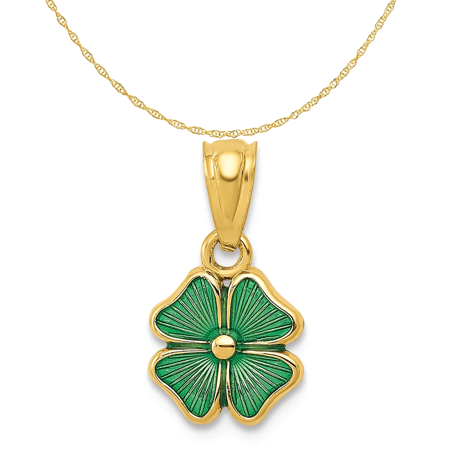Carat in Karats 14K Yellow Gold Green Enameled Four Leaf Clover Pendant Charm (20mm x 10mm) With 14K Yellow Gold Lightweight Rope Chain Necklace 16''