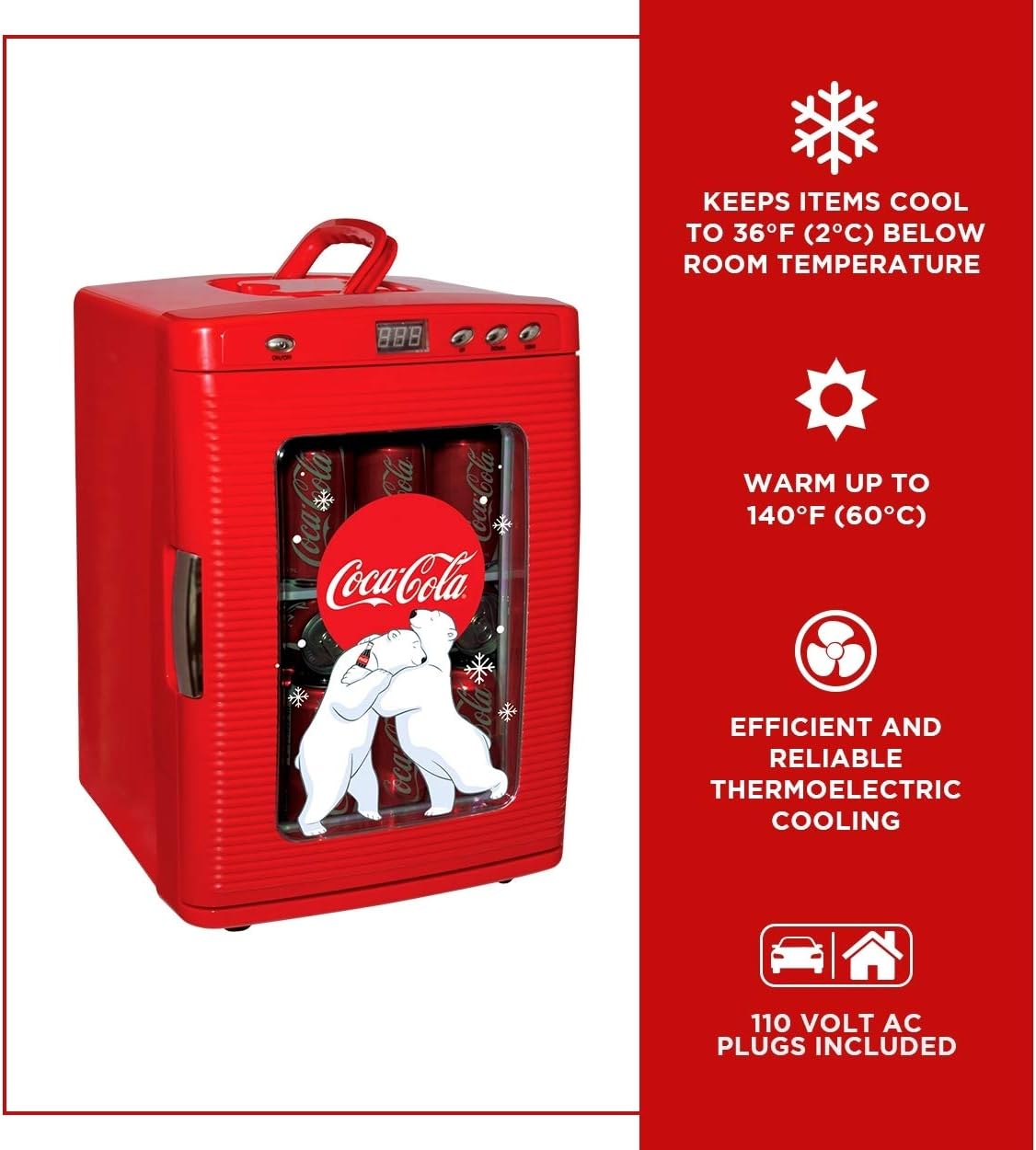 Coca-Cola Polar Bear 28 Can Cooler/Warmer w/ 12V DC and 110V AC Cords, 25L (28 qt) Portable Mini Fridge w/Display Window, Travel Refrigerator for Snacks Lunch Drinks, Desk Home Office Dorm, Red