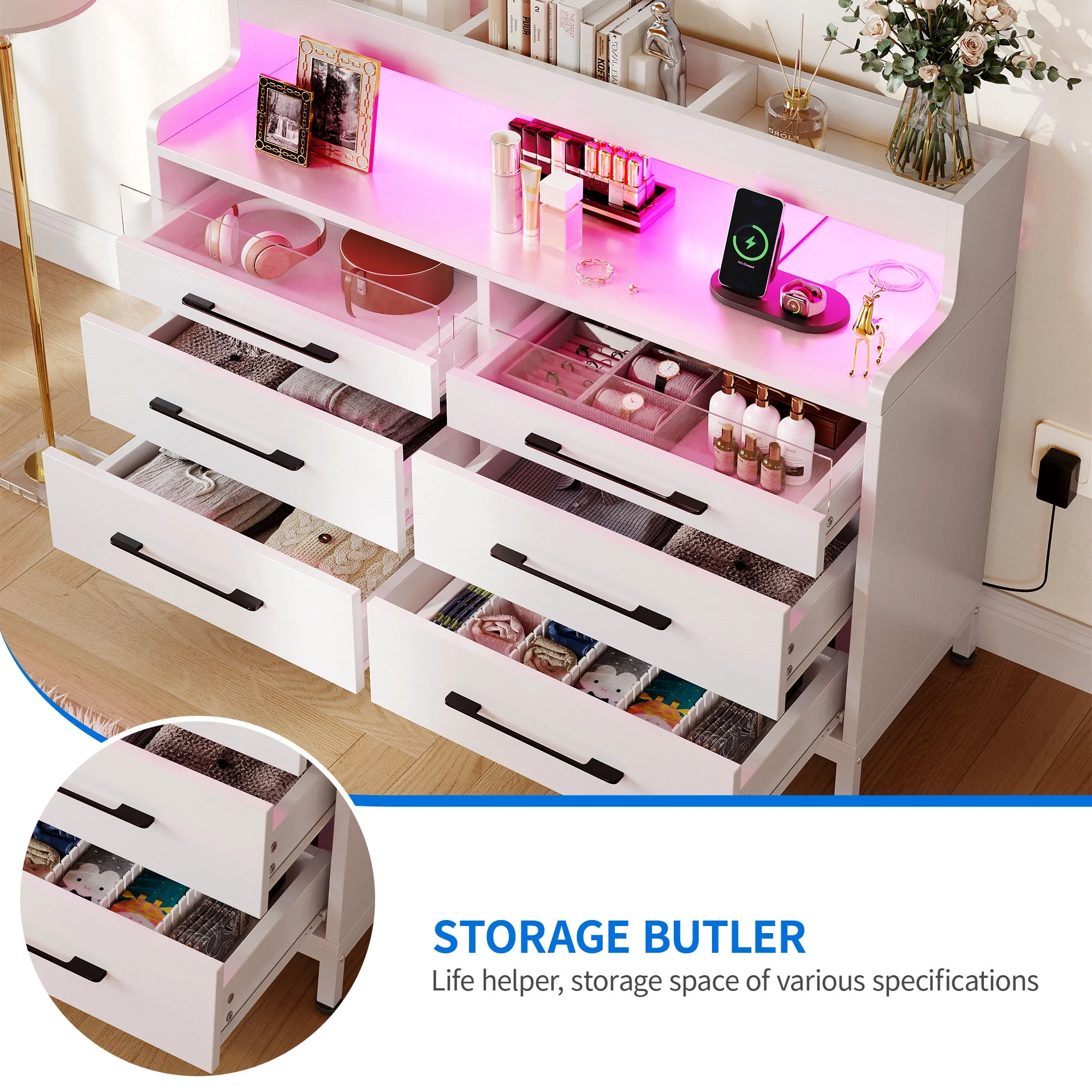 Dextrus 6 Drawer Dresser for Bedroom, Double Dressers & Chests with LED Light & Open Storage, Modern Chest Organizer for Bedroom, Living Room, Entryway, Hallway, White