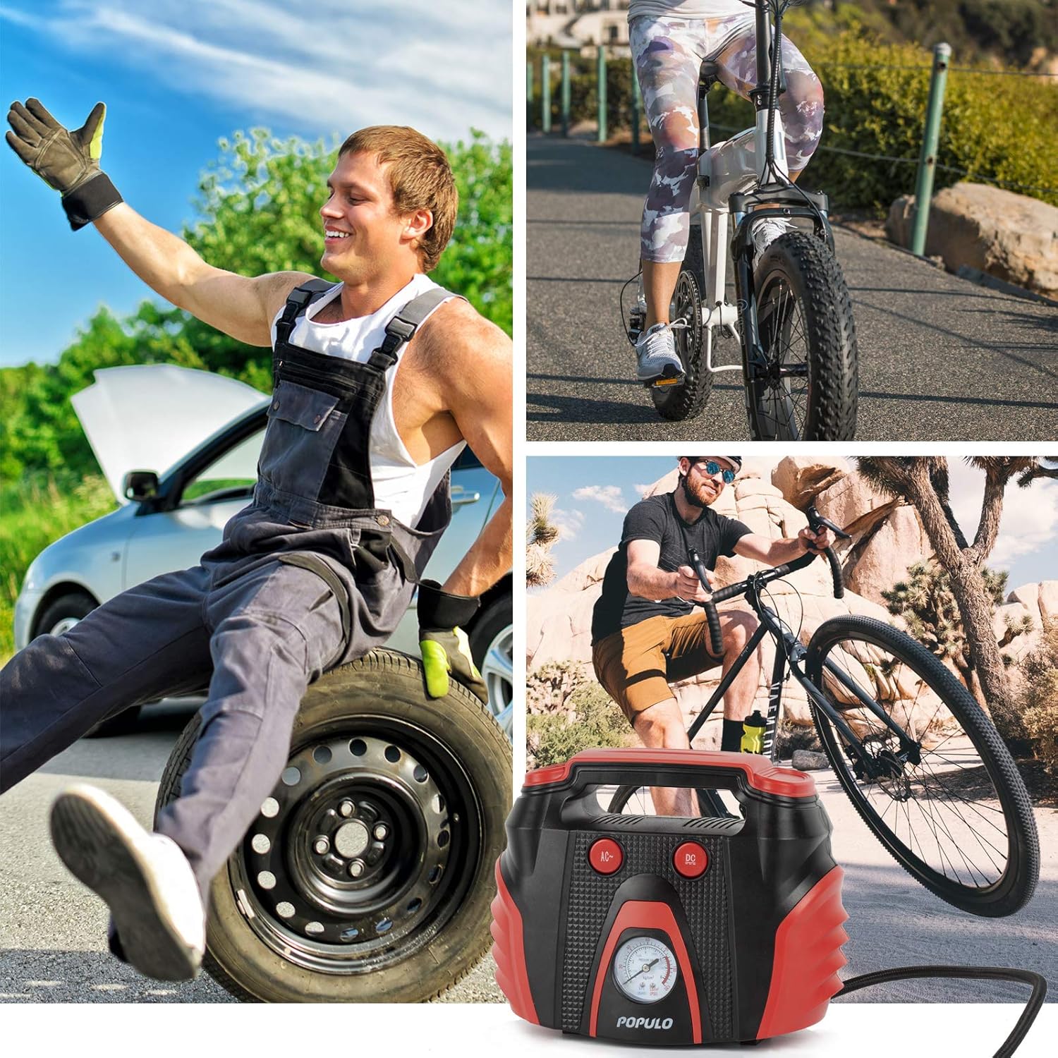 POPULO Tire Inflator Air Compressor, AC/DC Portable Air Compressor Pump for Car (12V DC) and Home (120V AC), Car Tire Inflator with Pressure Gauge for Bike, Motorcycle, Ball and Other Inflatables