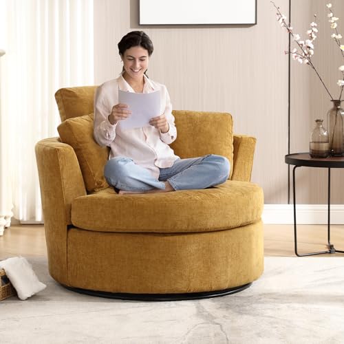 Chair and A Half with Ottoman, 360° Swivel Accent Barrel Chair Modern Comfy Round Reading Sofa Swivel Chairs Circle Lounge Chair for Bedroom Living Room w/4 Pillow Lower Seating Heigh (White, Large)
