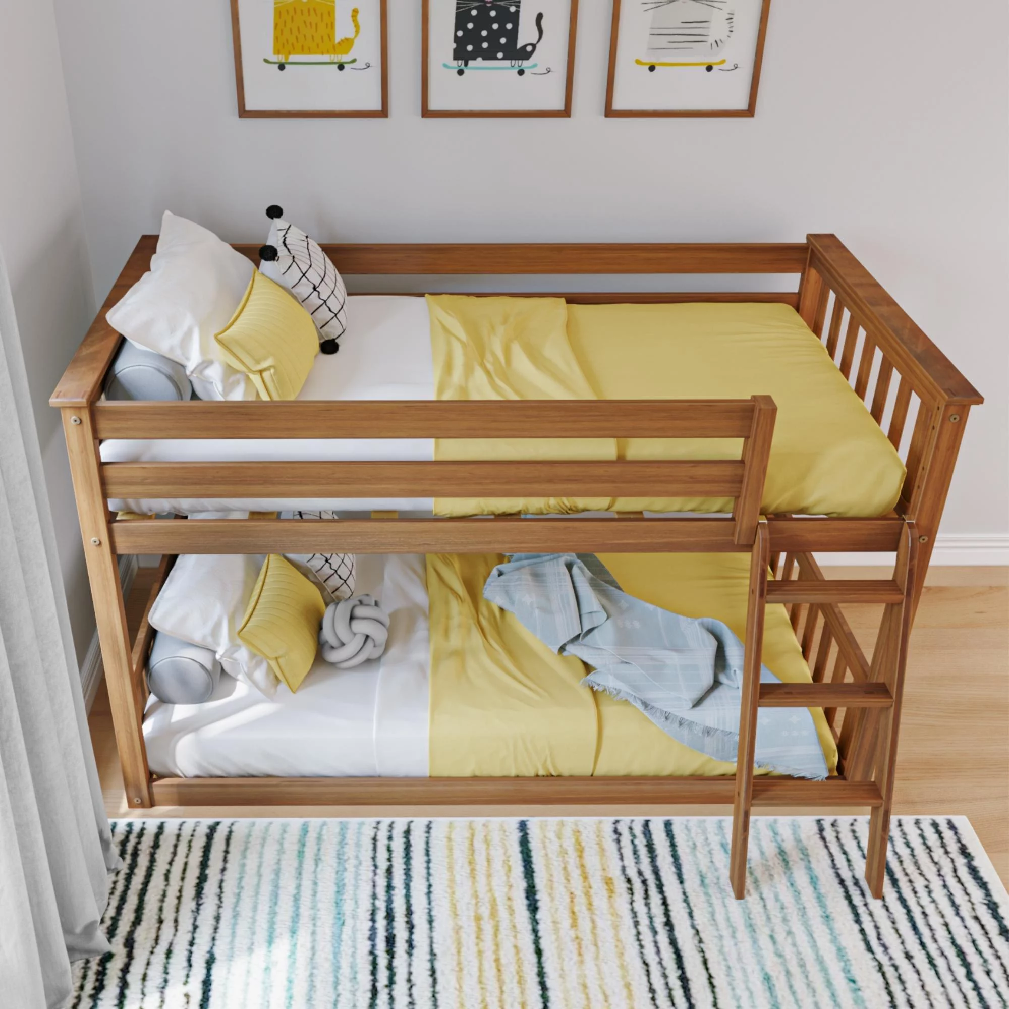 Max & Lily Classic Twin over Twin Bunk Bed for Kids, Solid Wood Low Bunk Beds with Ladder for Small Room, Pecan
