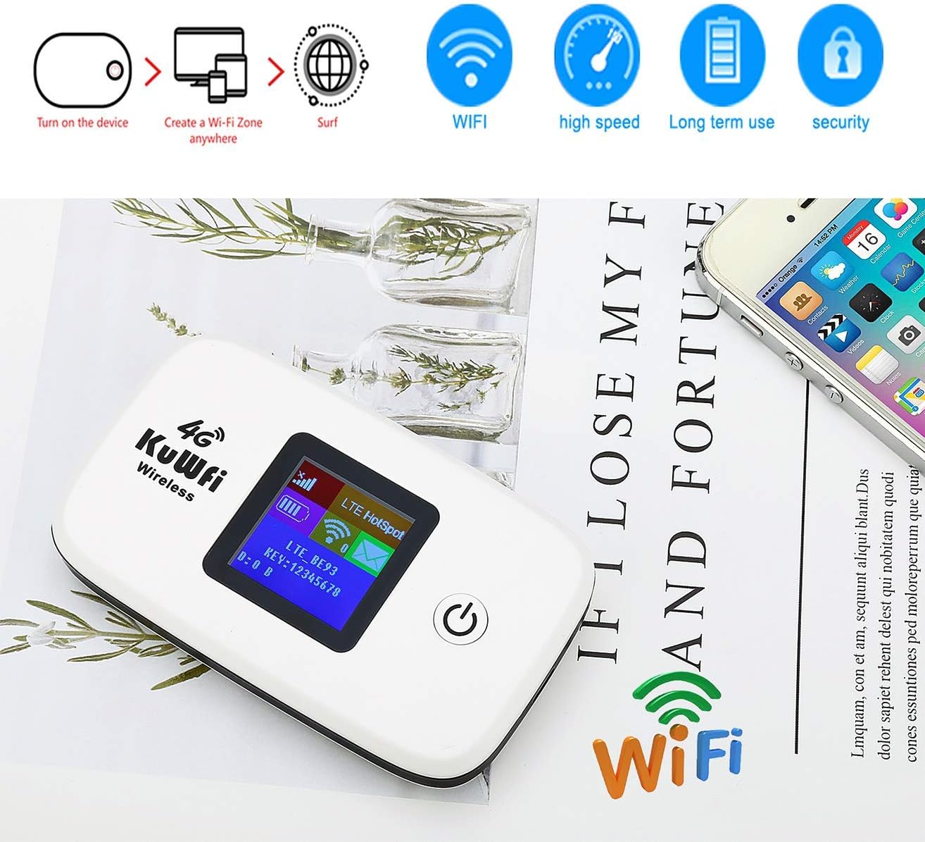 KuWFi 4G LTE Mobile WiFi Hotspot Unlocked Wireless Internet Router Devices with SIM Card Slot for Travel Support B2/B4/B5/B12/B17 Network Band for AT&T/T-Mobile Pack of 2