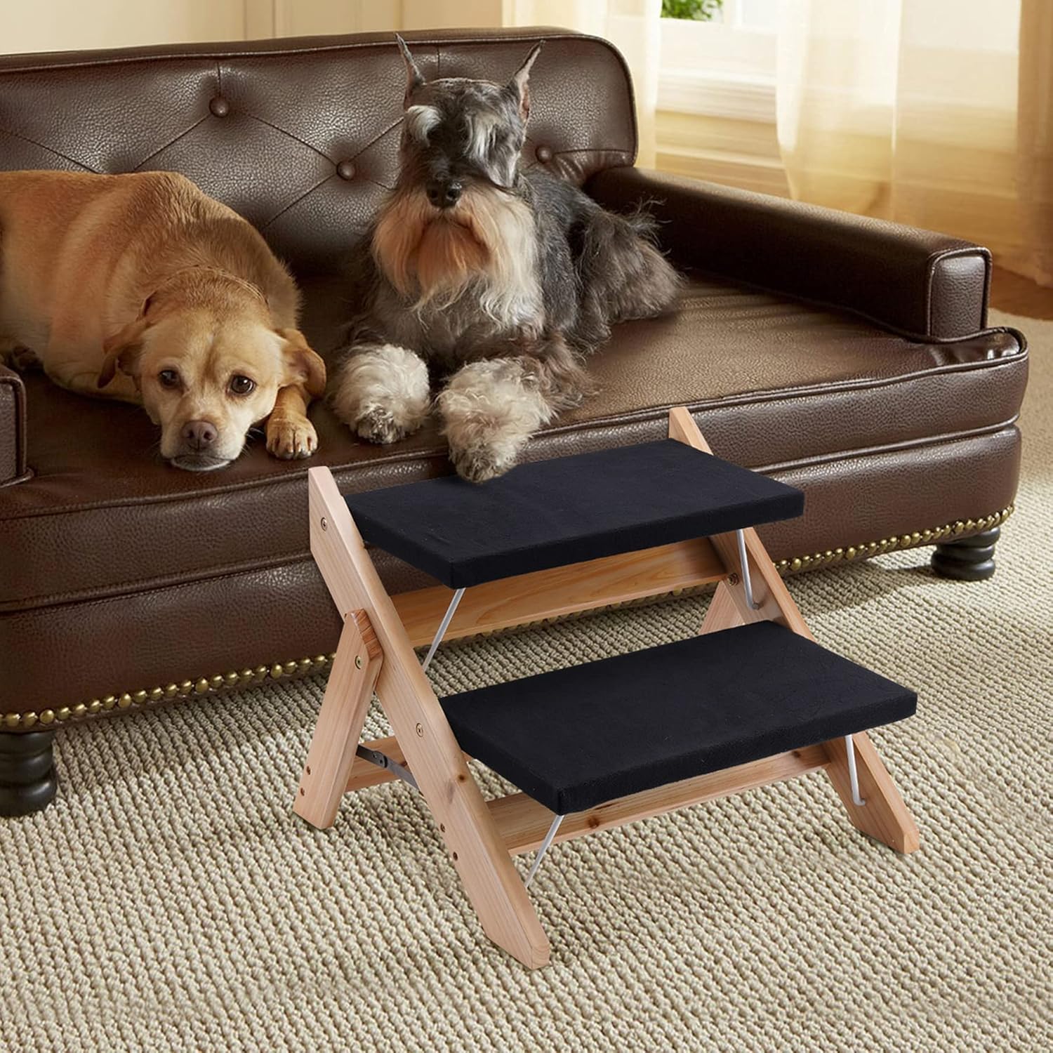 Kerrogee 2-in-1 Dog Pet Stairs, Foldable Pet Ramp with 2 Levels,Wooden Pet Steps for Small to Large Dogs,Pet Ladder for Car,High Bed and Couch,Easy Storage