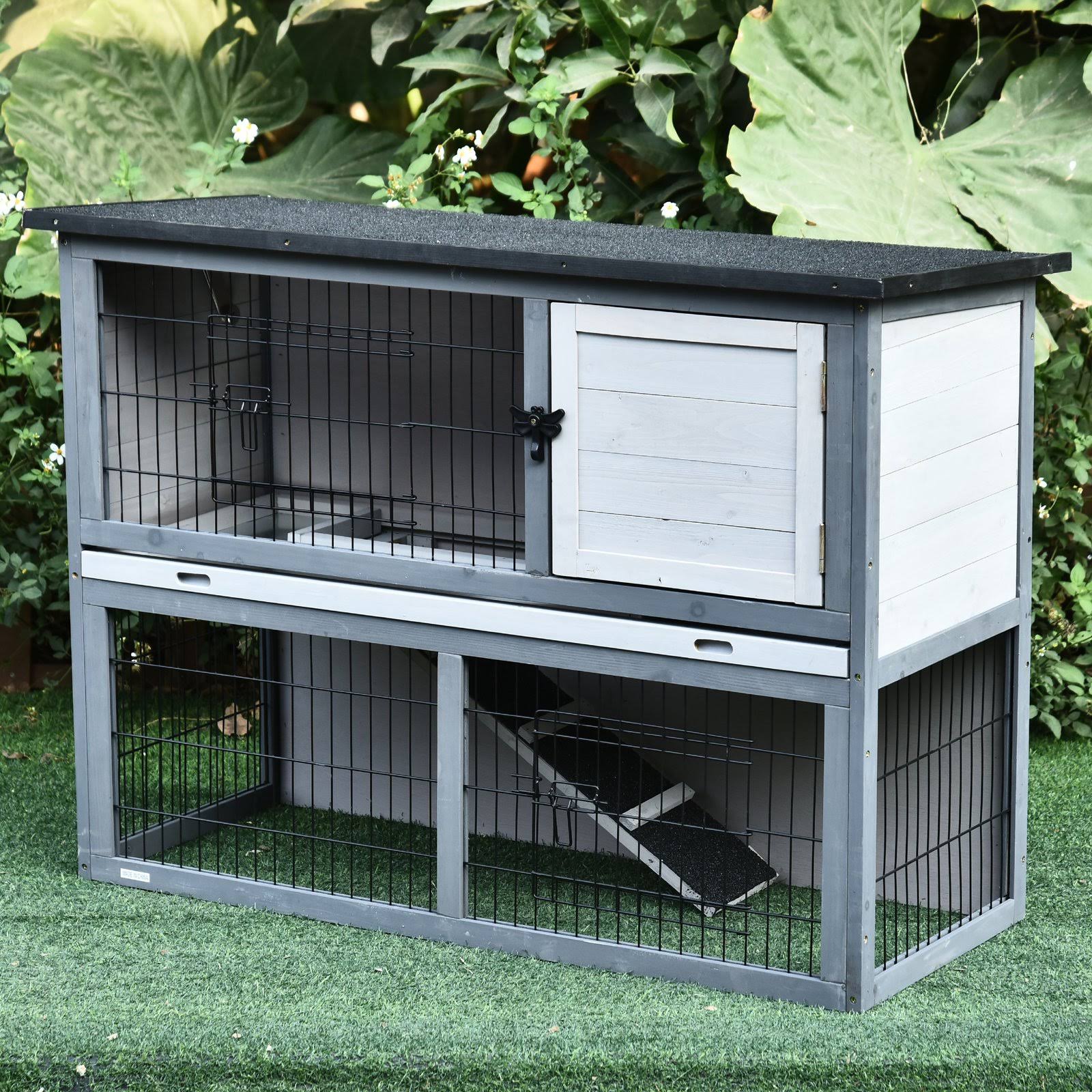 PawHut 2-Tier Wooden Rabbit Hutch with Upper House Area and Lower Play Area with Cage - Great for Bunnies/Small Animals