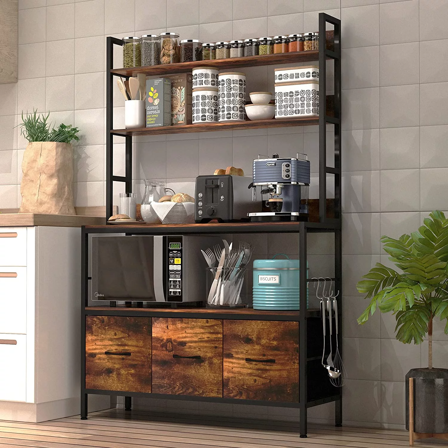 Kitchen Bakers Rack with Baskets,5-Tier Free Standing Kitchen Storage Shelf Rack,Industrial Microwave Oven Stand,Metal Kitchen Rack Organizer with Hooks - Curated Treasures Market
