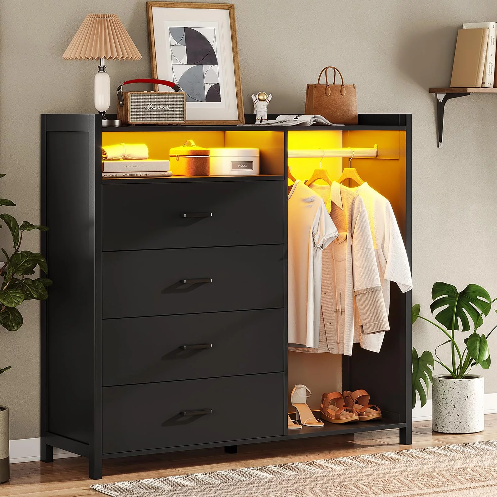 Afuhokles 4 Drawer Dresser for Bedroom with Clothing Rack, Dressers and Chests of Drawers with LED Lights, Modern Long Led Dresser for Bedroom Closet, Black