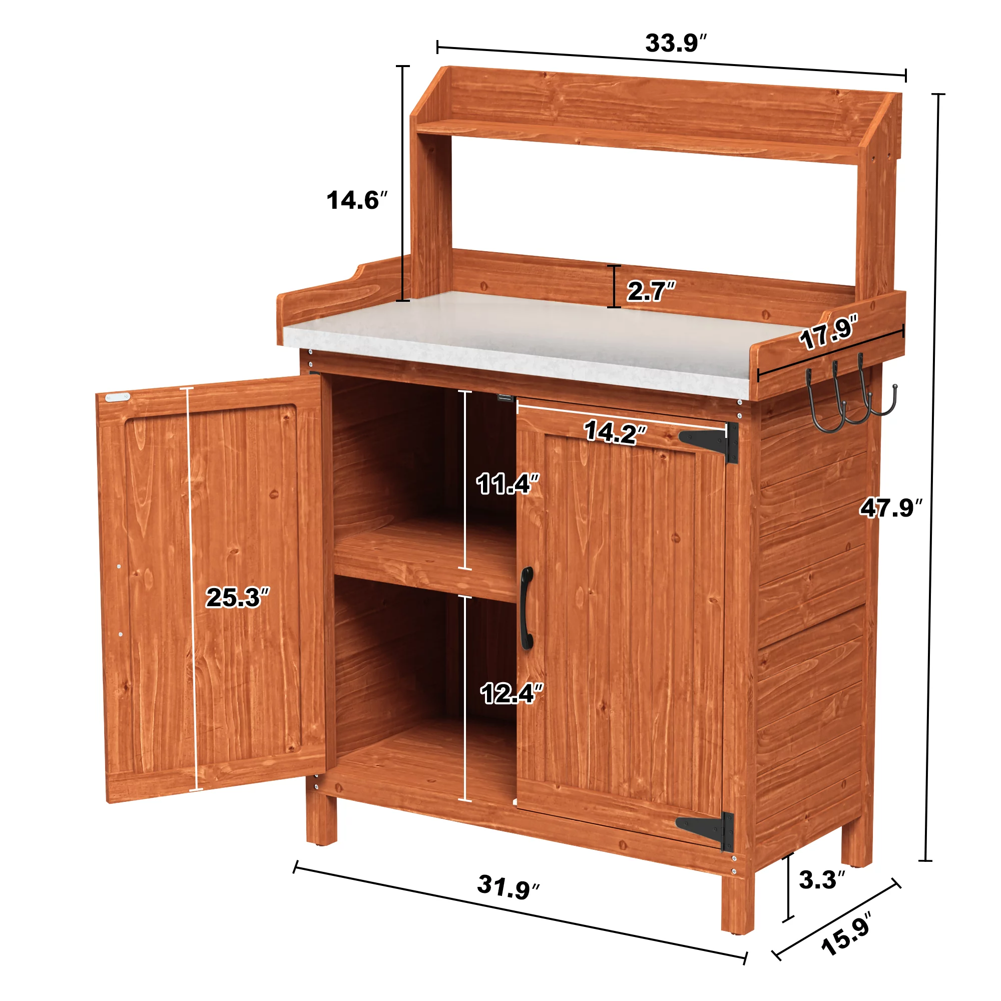 HLR Potting Bench with Storage, Galvanized Steel Tabletop Ourdoor Potting Bench with Storage for Garden Patio, Original Wood