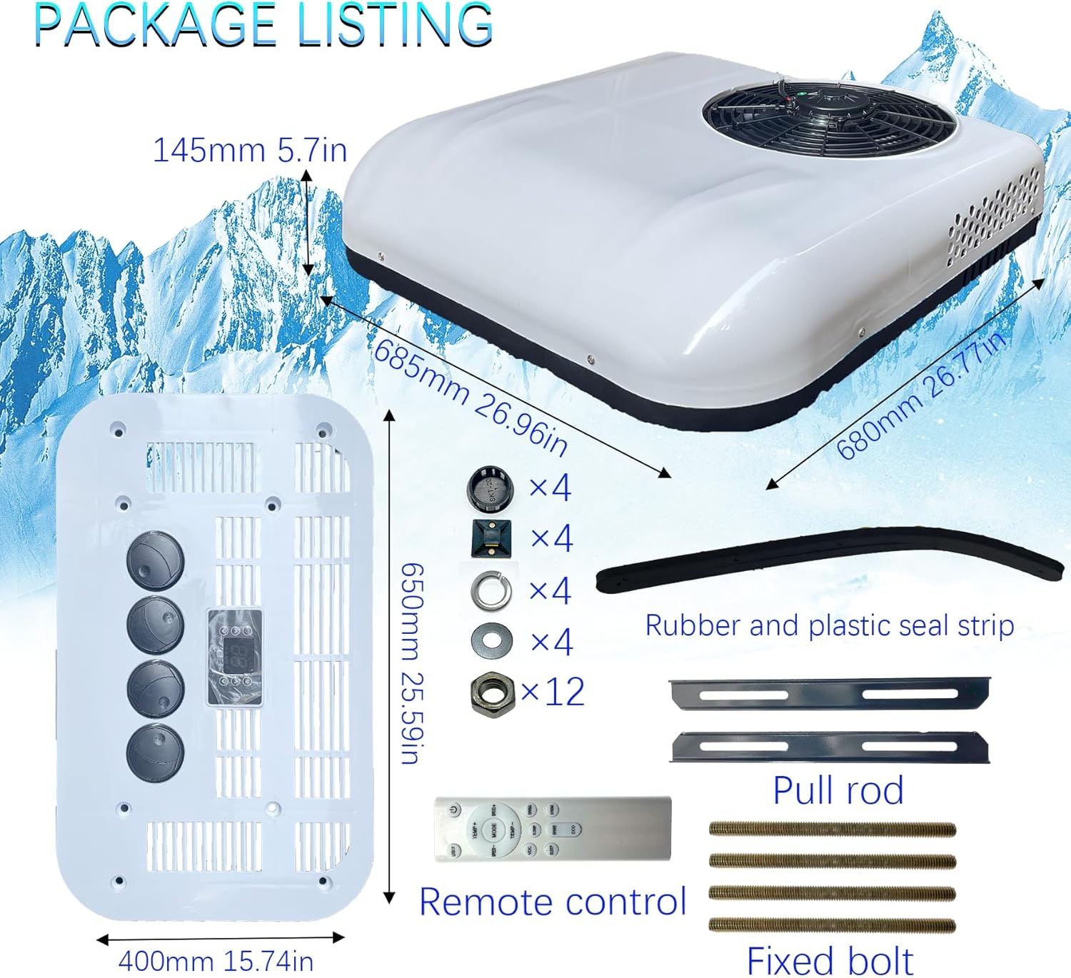 12V RV Air Conditioner, 8000 BTU Truck Cab Air Conditioner Split AC Rooftop with Remote Control, Fits for RVs, Vans, Semi Truck, Cranes, Excavators, Agricultural Vehicles, 850W